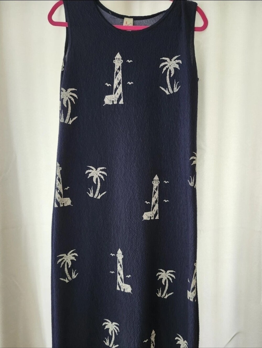 Vintage Kovy Navy Blue Maxi Dress Lighthouse Nautical Resort Vacation ~ Size Lg.